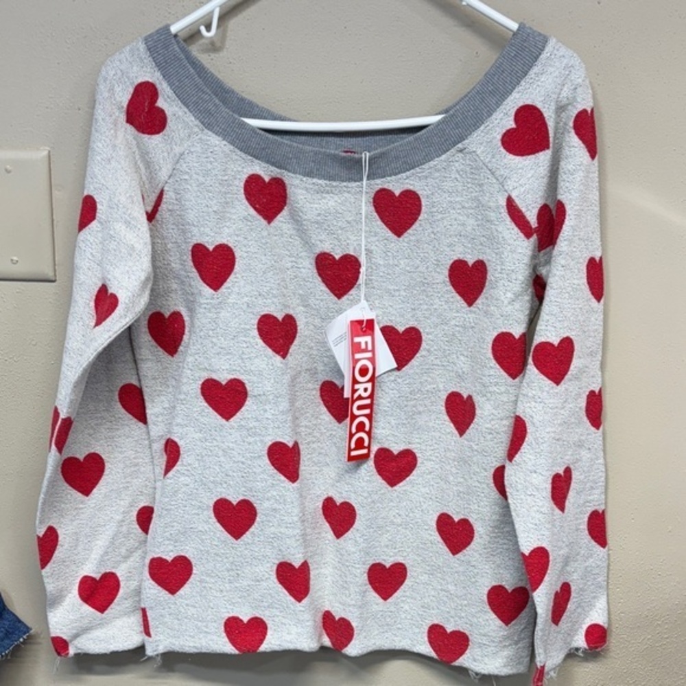 Fiorucci cotton with Red Heart Pattern 
Long Sleeve  Bateau Neckline sweatshirt